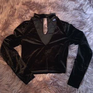 Black velvet long sleeve crop top.